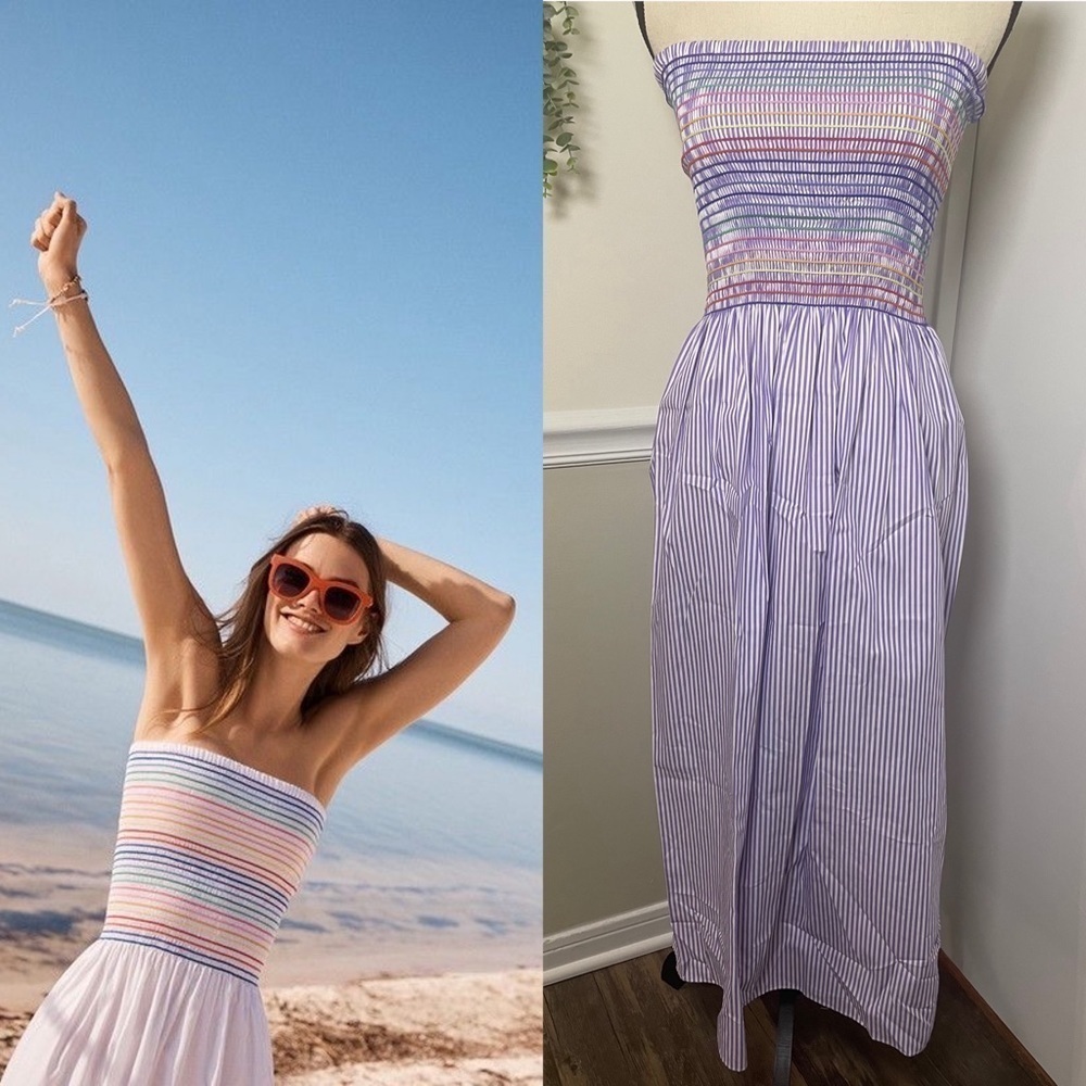 Petersyn Strapless Midi Dress in Lavender with Multicolor Smocked Bodice